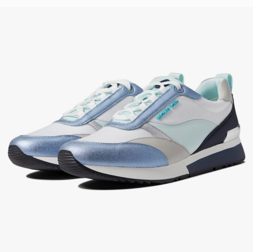 New MK MICHAEL KORS Allie StrideTrainer Lace-Up Sneakers SilverWhite Blue Sz 8